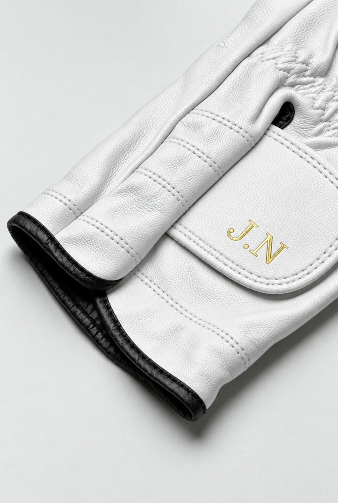 Initials J.N hot-stamped in gold foil on the white cabretta strap.